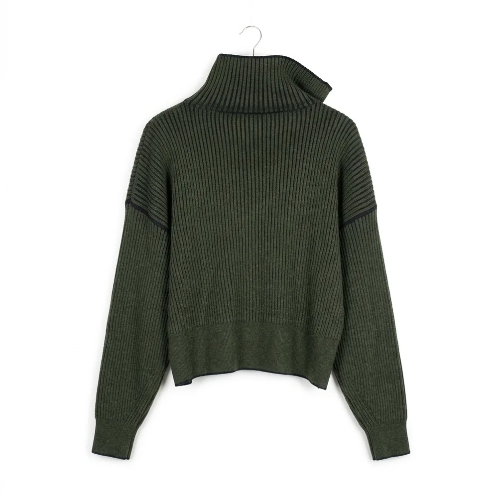 NWT Varley Olive Ribbed Zip Through Rib Knit Sweater Preppy Athleisure Size L